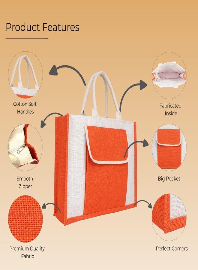 MISPACIO Jute Handbag with Large Outer Pocket | Orange & White Eco-Friendly Tote with Superior Lining, Zipper Closure & Strong Handles | Spacious Shopping Office Travel Bag | 12" x 16" x 5" | Pack of 2 - Image 5